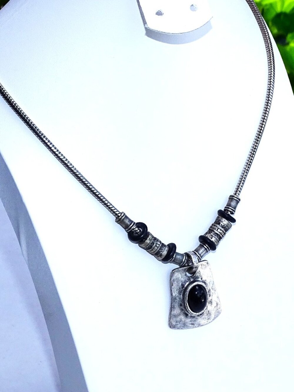 Chico's Antique Silver Tone Necklace with Black Cavachon Stone and beads